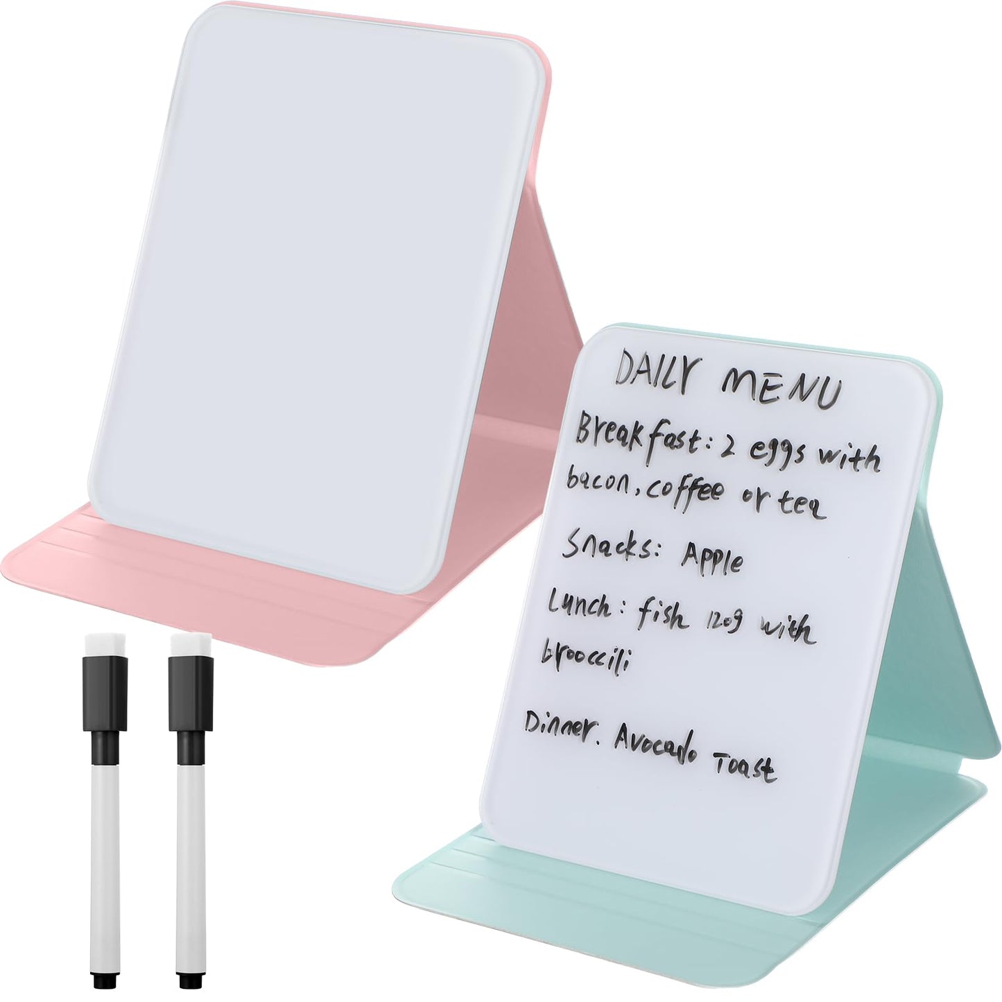Dunzoom 2 Pcs Small Glass Desktop Whiteboard with Reversable Stand 8 x 6 Inch Mini Dry Erase White Board Easel with 2 Markers Reusable Desk Notepad for Home Office School Supplies(Pink, Green)
