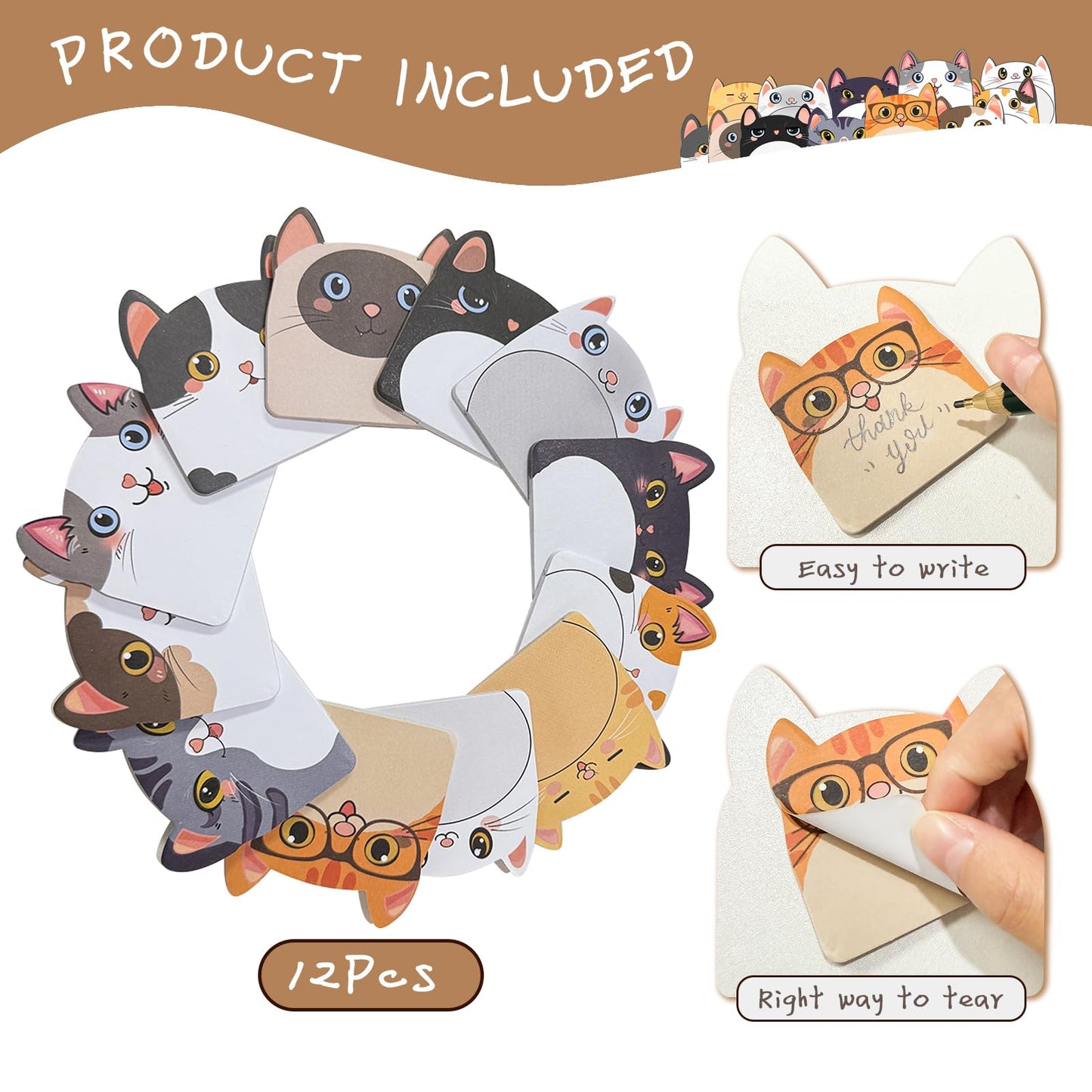 NSODREEM Cute Sticky Notes, 12 Pack Sticky Notes Kawaii Animals Shape Markers Flags Fun Sticky Notes Cute Notepads Sticky Note Pads for Office Home Students Roommates Tab Gifts (Novelty Cat)