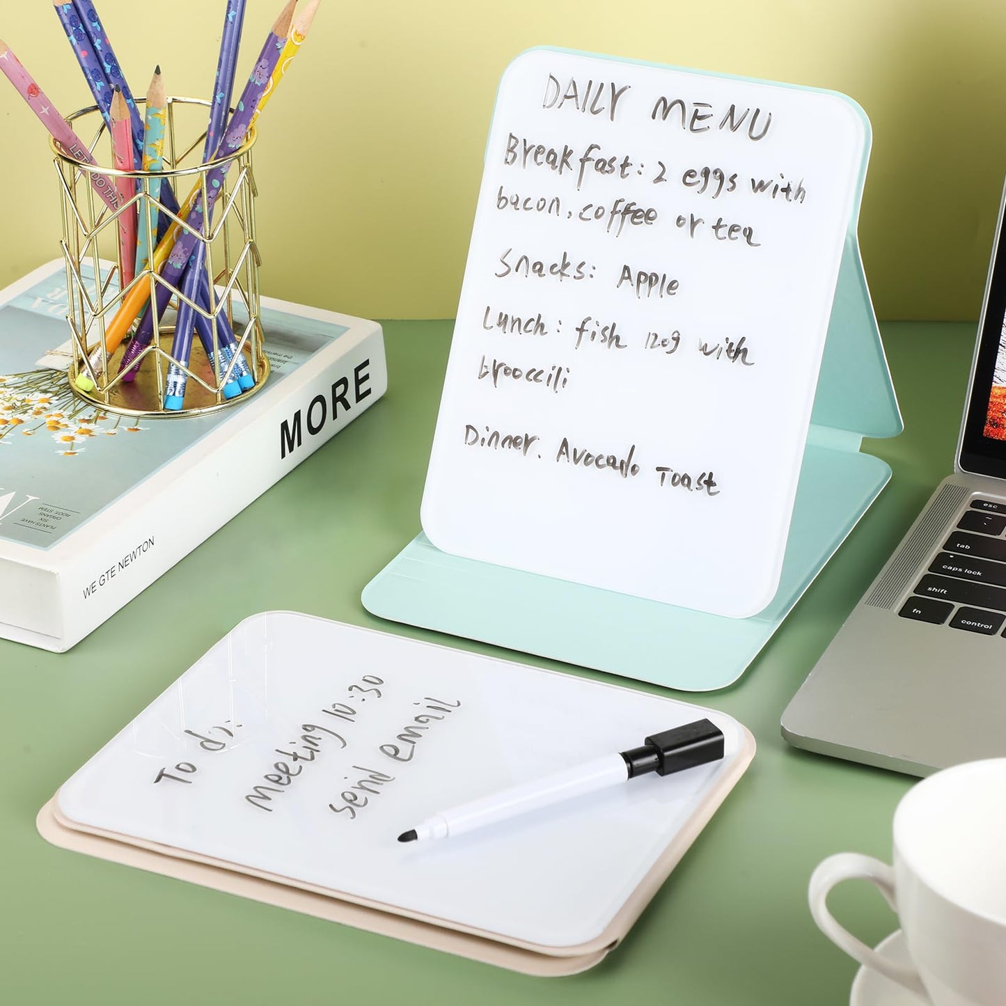 Dunzoom 2 Pcs Small Glass Desktop Whiteboard with Reversable Stand 8 x 6 Inch Mini Dry Erase White Board Easel with 2 Markers Reusable Desk Notepad for Home Office School Supplies(Pink, Green)