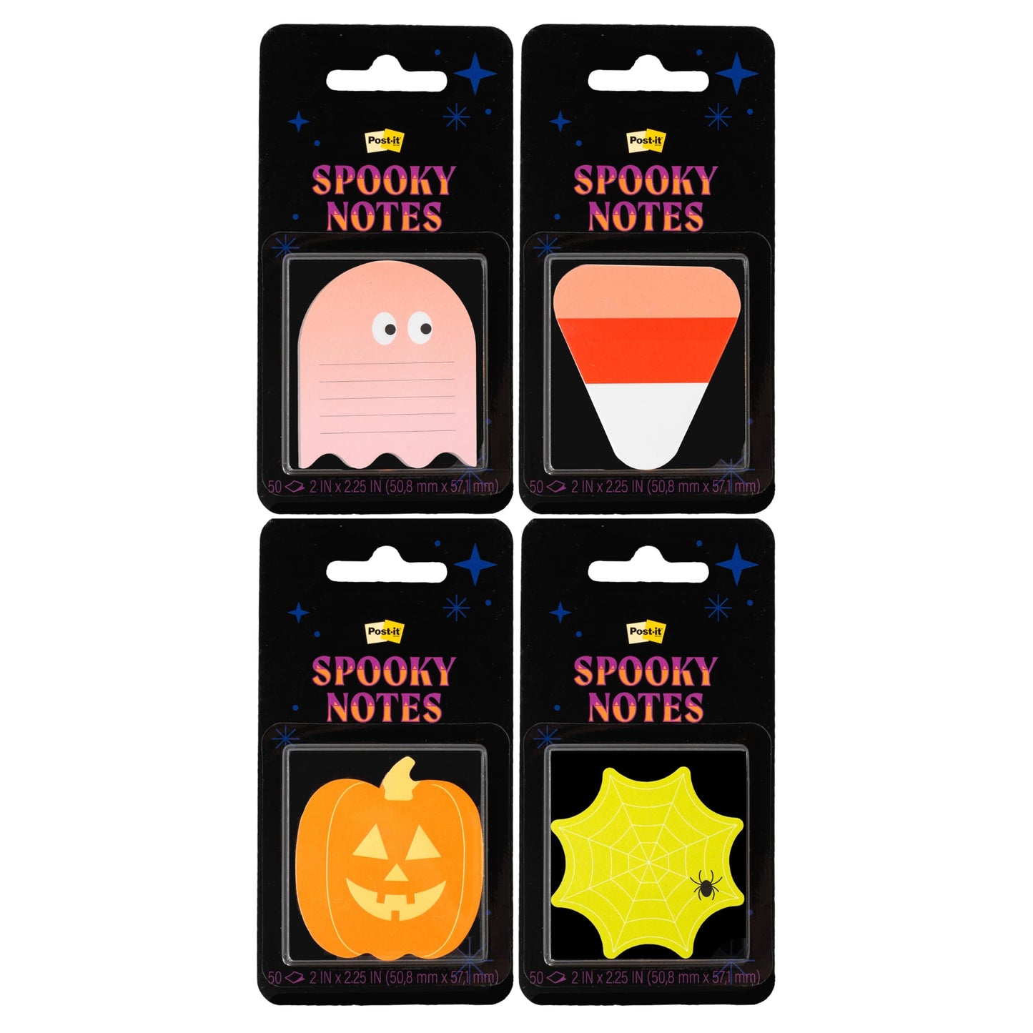 Post-it Spooky Sticky Notes Bundle, Pumpkin, Ghost, Candy Corn, Spider Web, 4 Sticky Note Pads, 50 Sheets per Pad, Halloween-Themed
