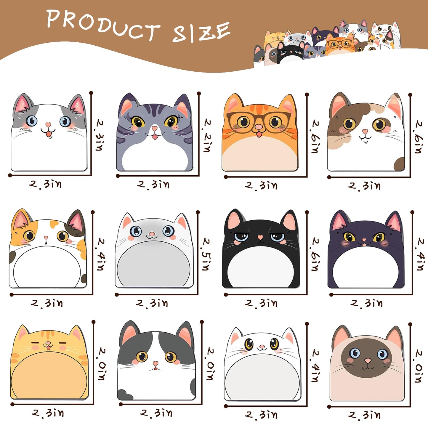 NSODREEM Cute Sticky Notes, 12 Pack Sticky Notes Kawaii Animals Shape Markers Flags Fun Sticky Notes Cute Notepads Sticky Note Pads for Office Home Students Roommates Tab Gifts (Novelty Cat)