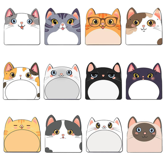 NSODREEM Cute Sticky Notes, 12 Pack Sticky Notes Kawaii Animals Shape Markers Flags Fun Sticky Notes Cute Notepads Sticky Note Pads for Office Home Students Roommates Tab Gifts (Novelty Cat)